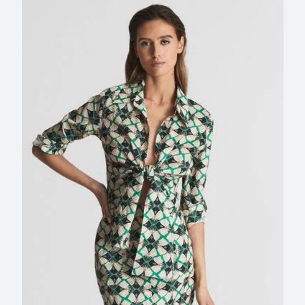 REISS Corinne Linen Printed Tie Waist Shirt Blouse NWT sz. 2